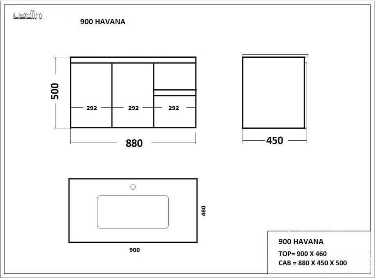 Ledin Havana 900x460mm Wall Hung Vanity - Right Hand Drawers