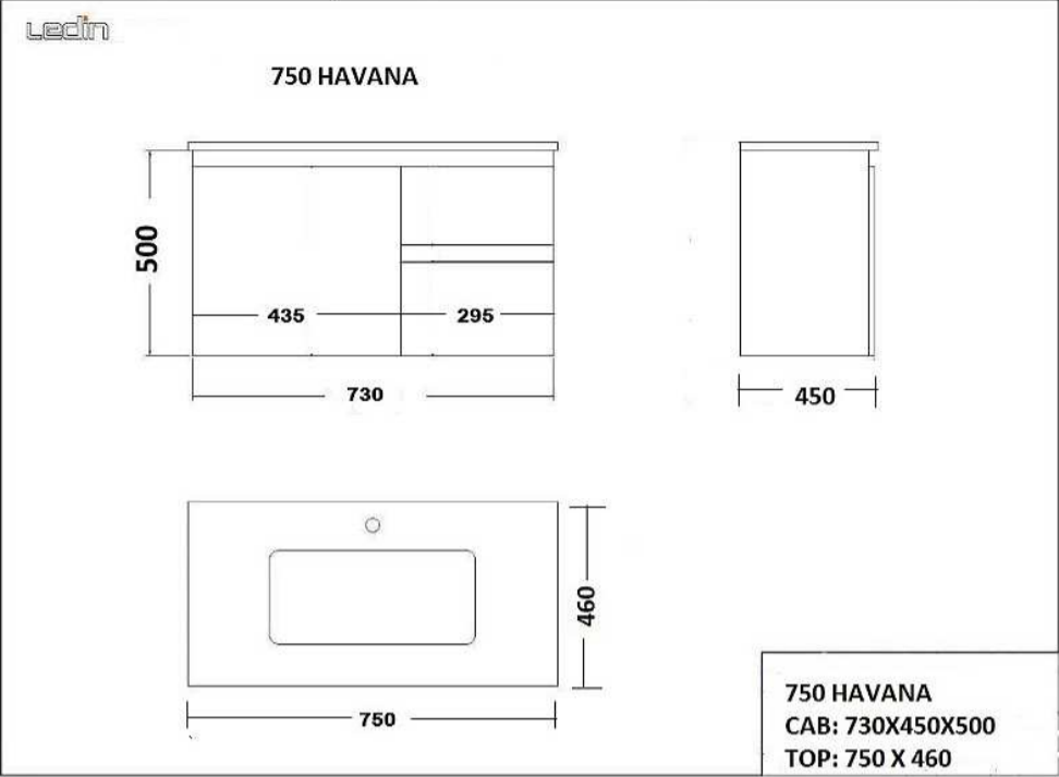Ledin Havana 750x460mm Wall Hung Vanity - Right Hand Drawers