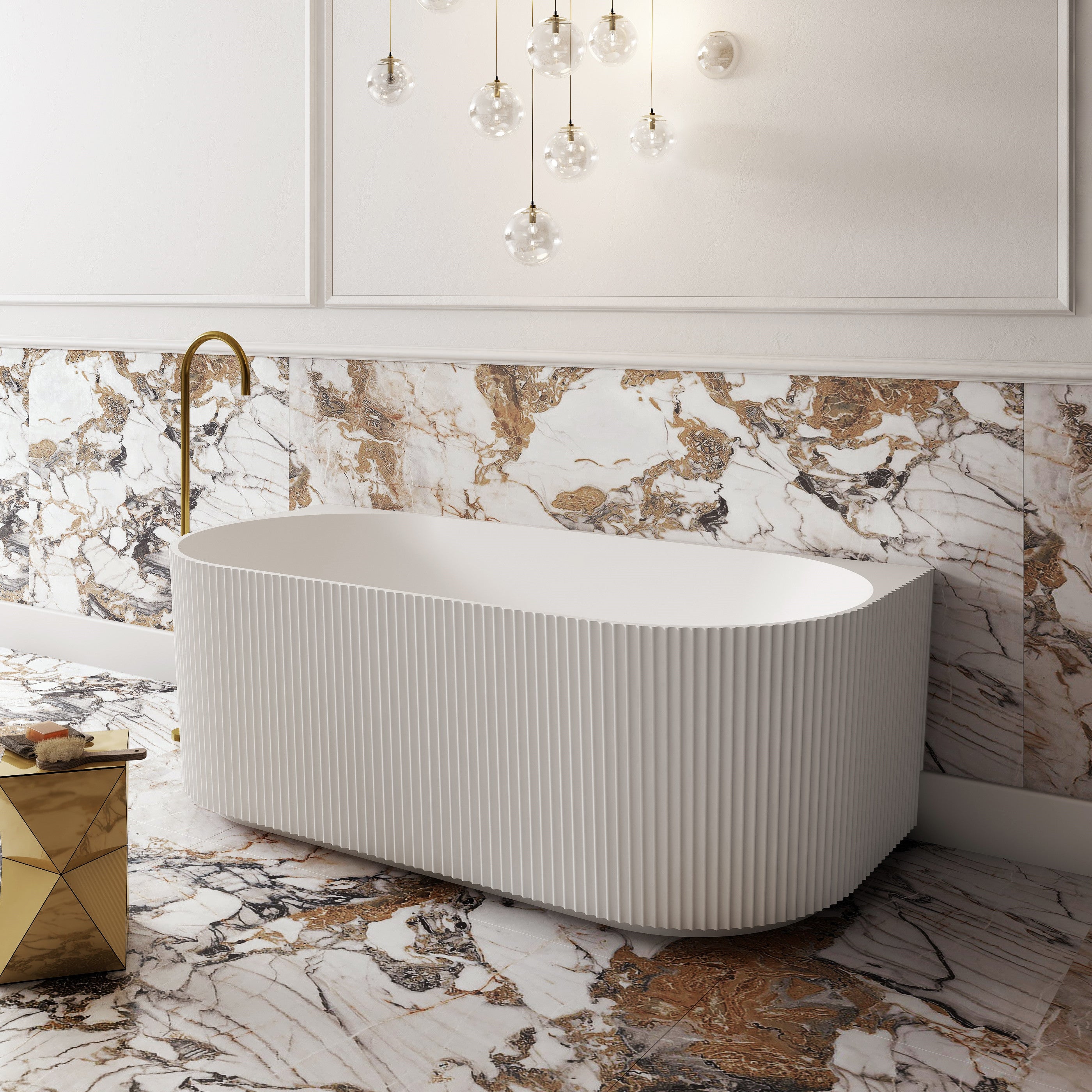 Cassadesign V-Groove Round Matte White Back to Wall Freestanding Bath tub