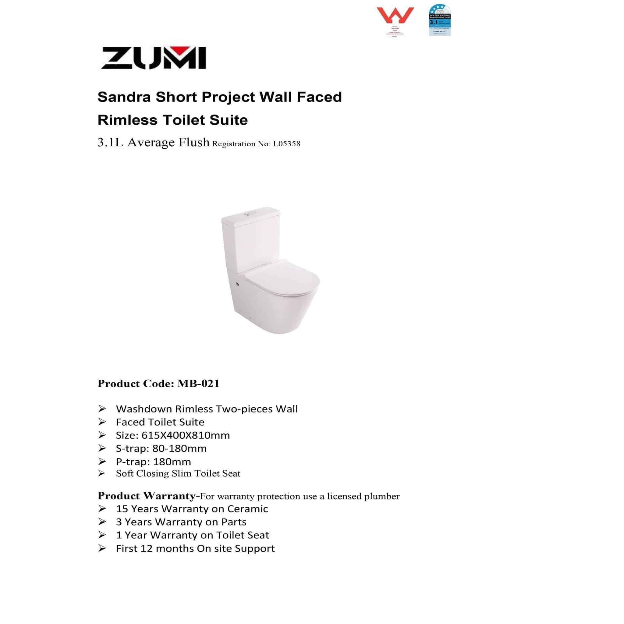 Zumi Sandra Rimless Short Projection Back To Wall Toilet Suite